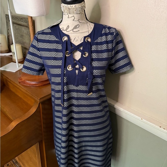 MICHAEL Michael Kors Mesh -Inset Striped Lace - Up Midi Dress NWT - Picture 1 of 11